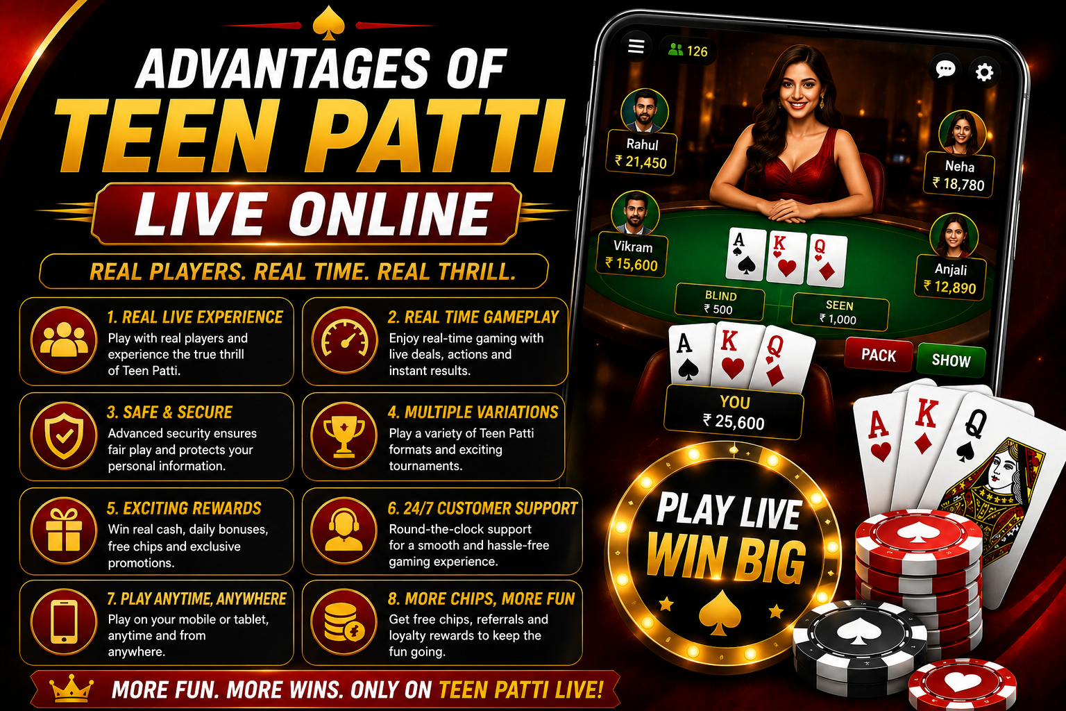 Advantages of Teen Patti Live Online
